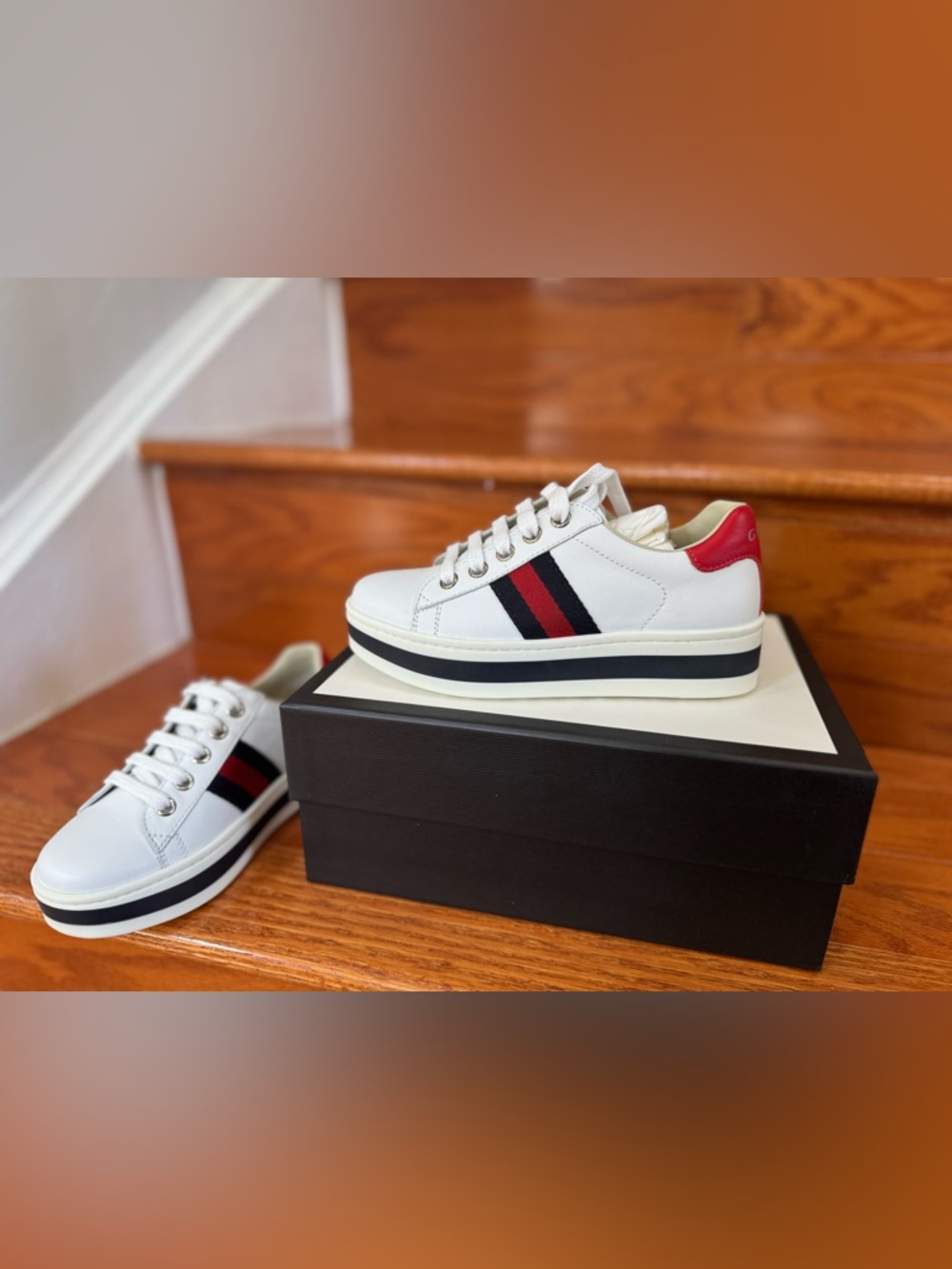 Gucci White Sneakers with Red and Navy Stripe (Kids)